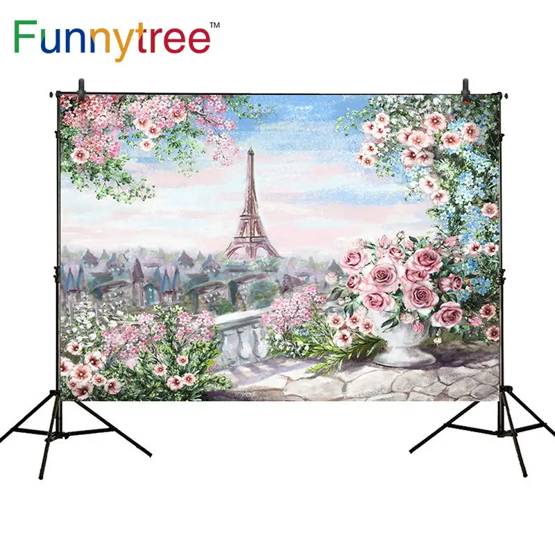 Фон Funnytree для фотосъемки Весна Париж Эйфелева башня розовый цветок картина