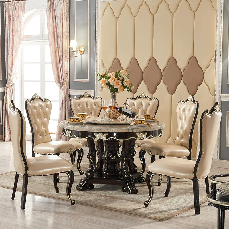 

White Northern Europe Dining Round Table And Chair Combination 6-Person Golden Carved Luxury Solid Wood Furniture Villa
