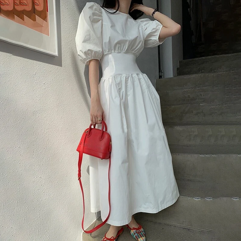 

Spring Summer New Korean Chic Elegant Women Dress White O Neck Puff Short Sleeve High Waist Tunic Midi Dresses 2021 Cottagecore