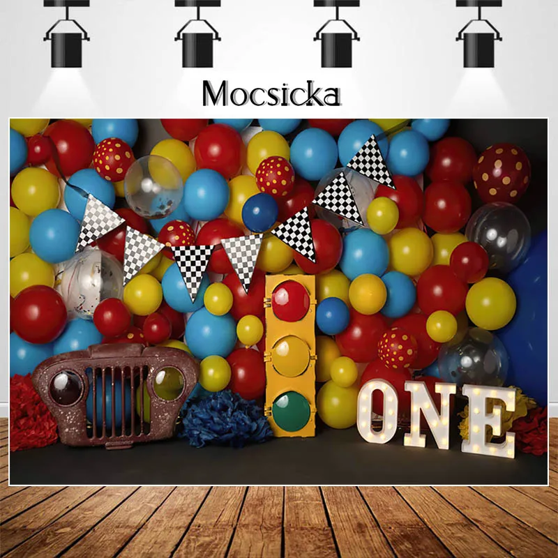 Фон для фотосъемки детей на 1 й день рождения с изображением воздушных шаров|Фон