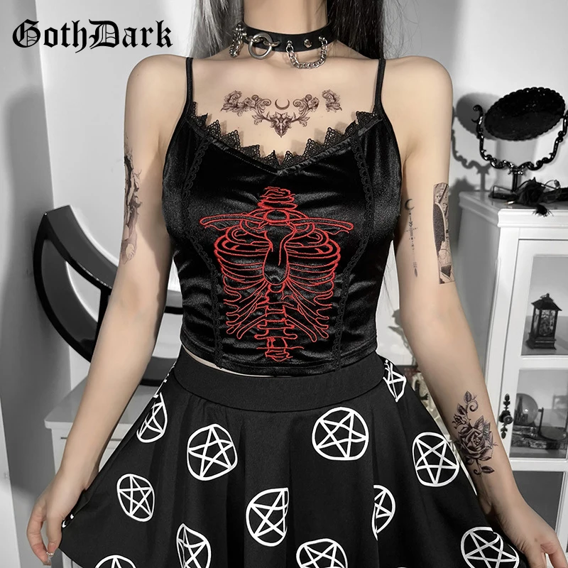 

Goth Dark Emo Embroidery Gothic Aesthetic Crop Tops Women Grunge Black Punk Sexy Camisole Bodycon Fashion Alternative Clothing