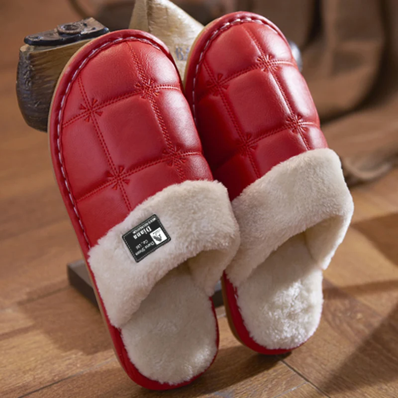 

Winter Women Slippers Non Slip Waterproof Mixed Colors Indoor PU Large Size 36-45 House Slippers Bedroom Lovers Floor Shoes
