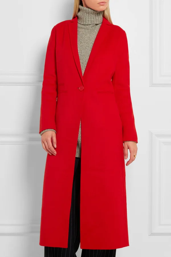 Красное однотонное женское длинное шерстяное пальто на одной пуговице теплая