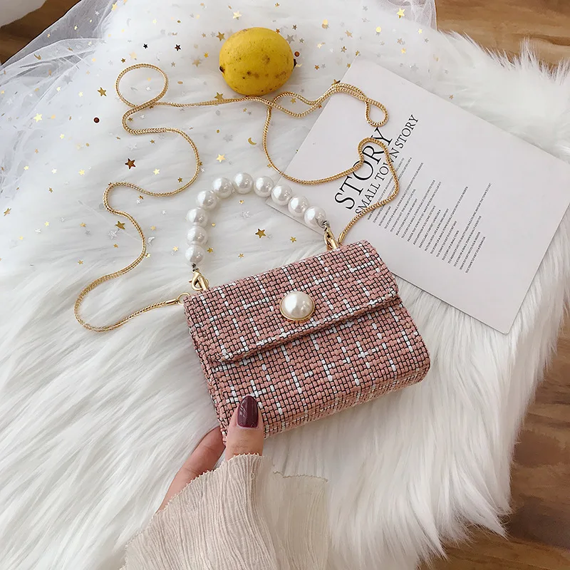 

2021 New Fashion Designer Crossbody Bags Women Pearl Decoration Small Handbags Sweet Flap Shoulder Purse Pouch Party Bags