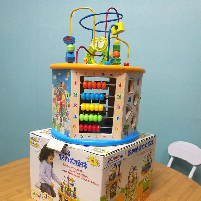 With box Монтессори для детей, деревянный 8 в 1, многоцелевой куб для активного отдыха, развивающие игрушки, лабиринт из бисера, игрушка для раннего обучения, подарки для детей - Цвет: With box
