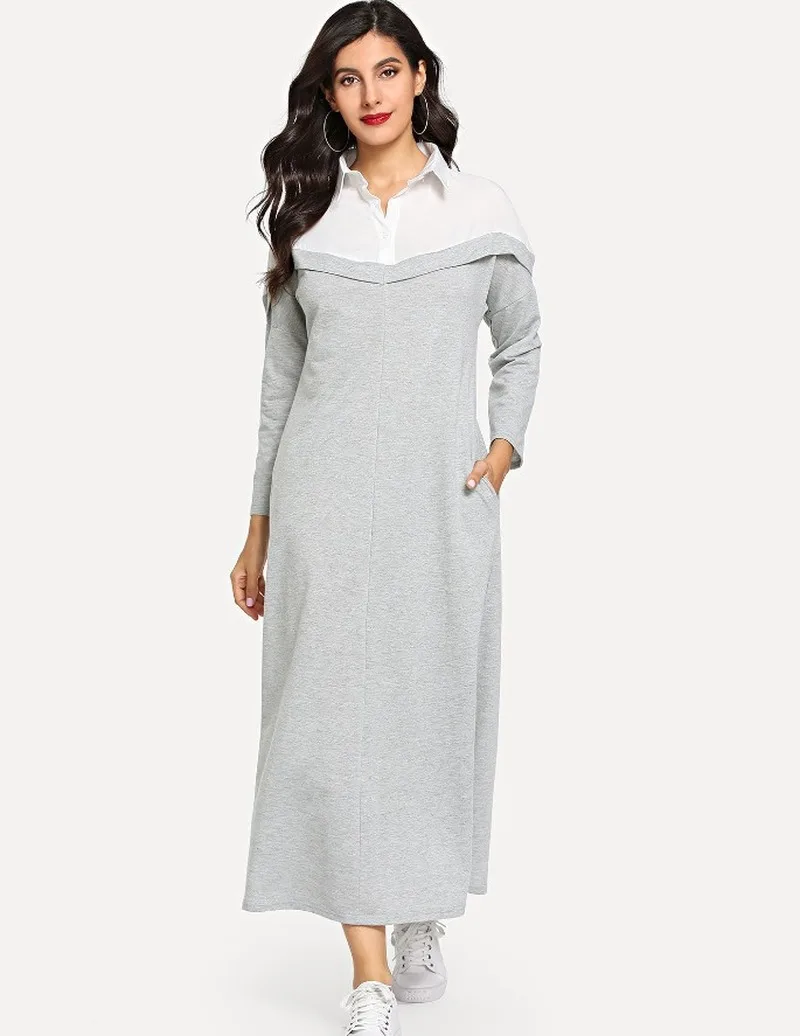 

Dress Women Fashion Muslim Dress Women's Lapel Long Sleeve Dress Middle Eastern Colorblock Maxi Muslim Dress Burqa Vintage