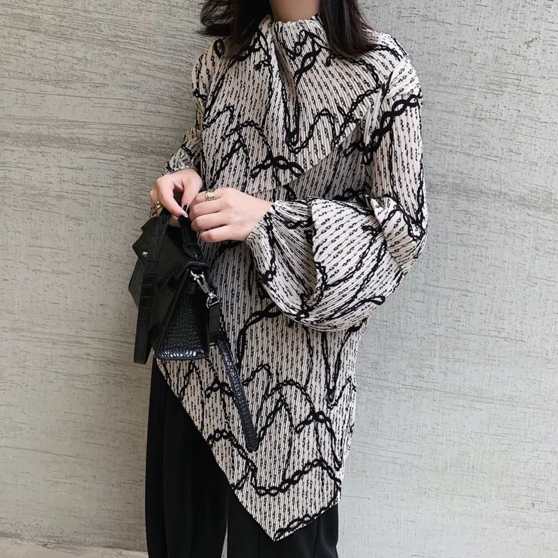 DEAT цветочный плиссированный фонарь с длинным рукавом стоячий воротник