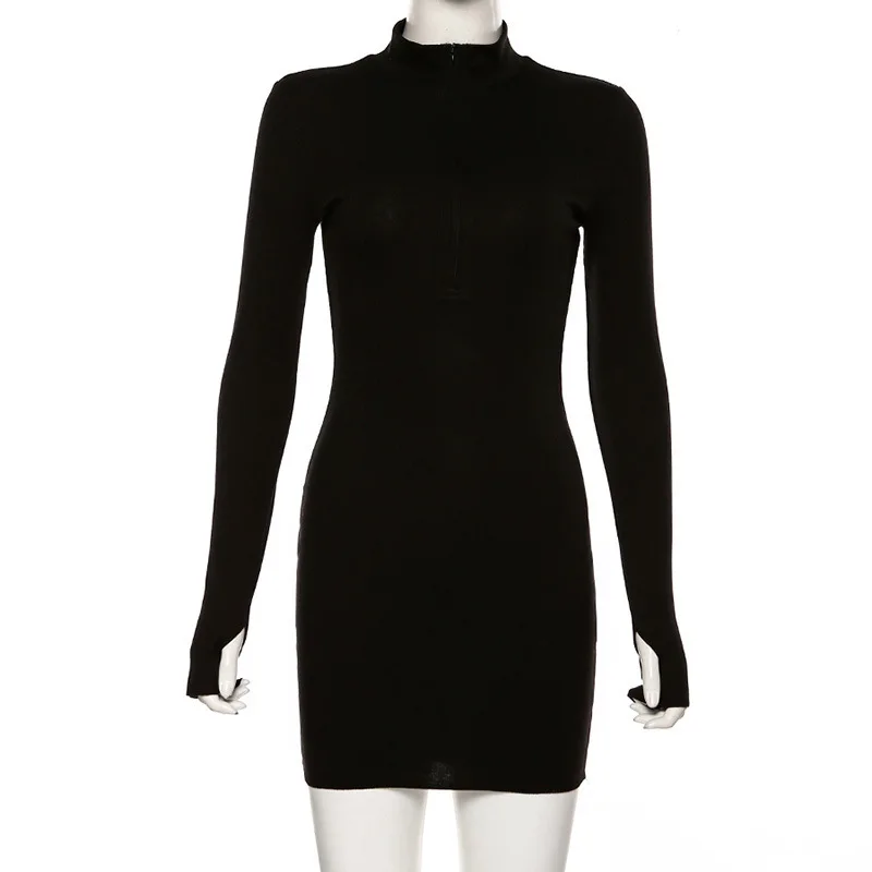 

Ladies Elegant Solid Party Dress Women Casual Half-Zip Long Sleeve Bodycon Dress Spring Slim Sexy Mini Black Dresses