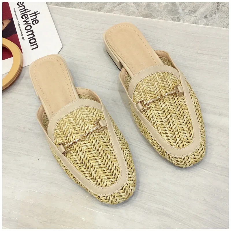 New Fashion Women Mules Slipper Low Heel Slip On Slide Sandals Cane Woven Beach Summer Slippers Flat Sandals