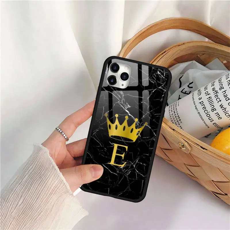 

Custom name Letter Black Marble Gold crown Phone Case Tempered glass For iphone 11 12 PRO MAX X XS XR 5C 6 6S 7 8 plus