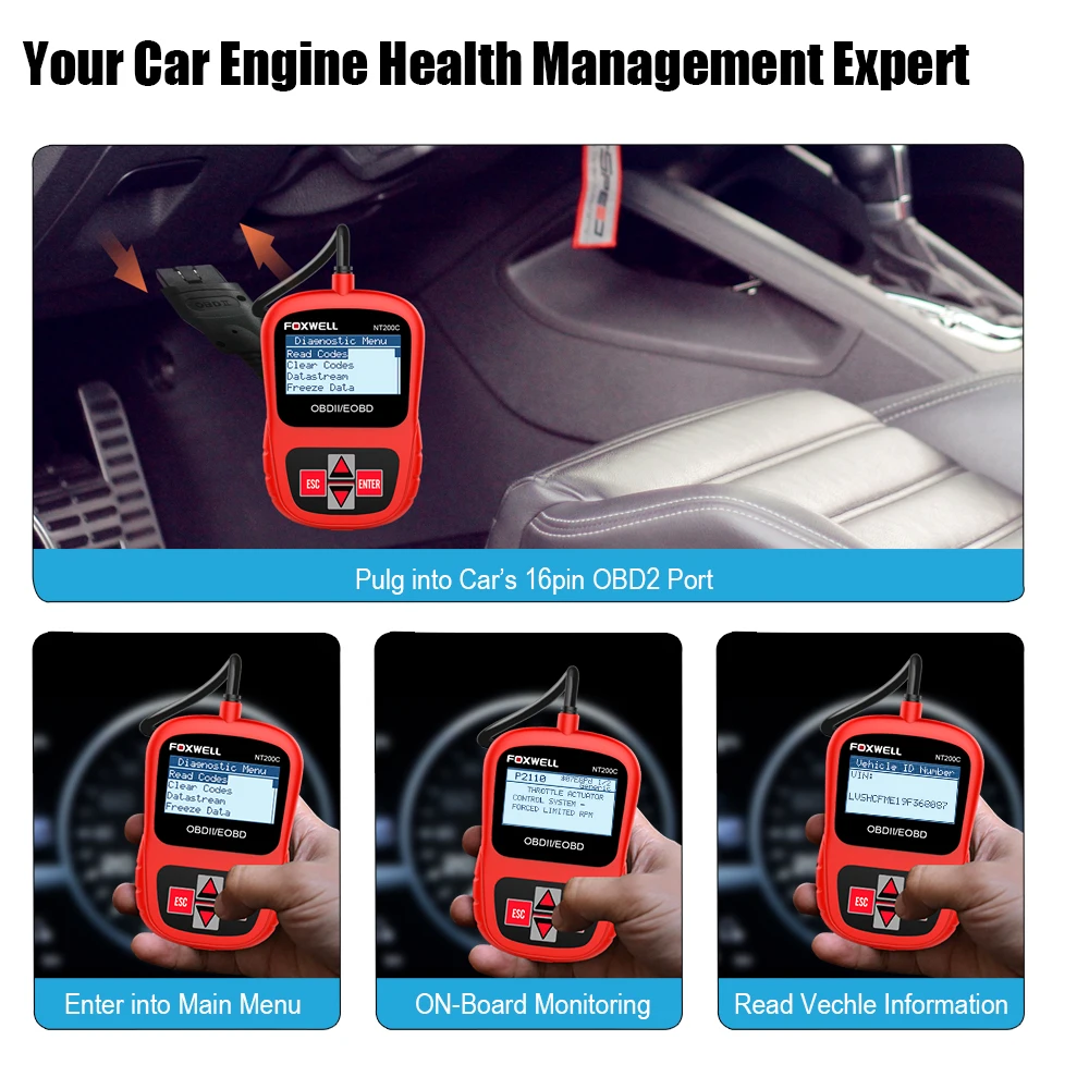 Автомобильный сканер FOXWELL NT200C OBD2 OBDII считыватель кодов двигателя датчик