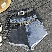 color matching new denim shorts female korean version of high waist loose loose a line wide leg hot pants summer