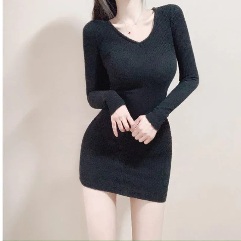 

One-Piece Korea Woman Knitted Dress 2021 Autumn Fashion Long Sleeve Sexy Pink Mini Dresses Robe Female Sweater Womens Clothing
