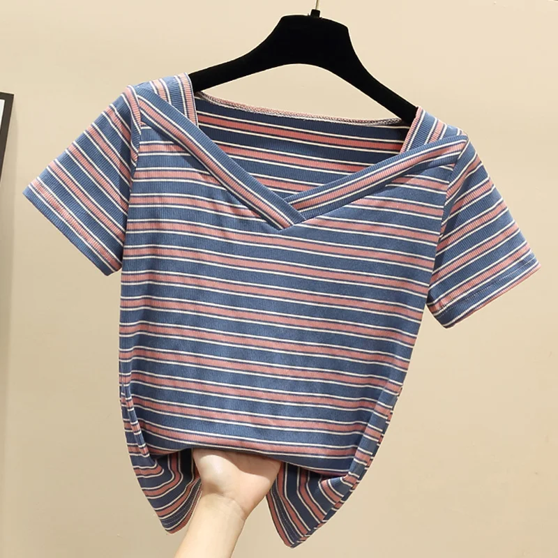 Женская футболка в полоску с V-образным вырезом хлопковый летний топ Корейском
