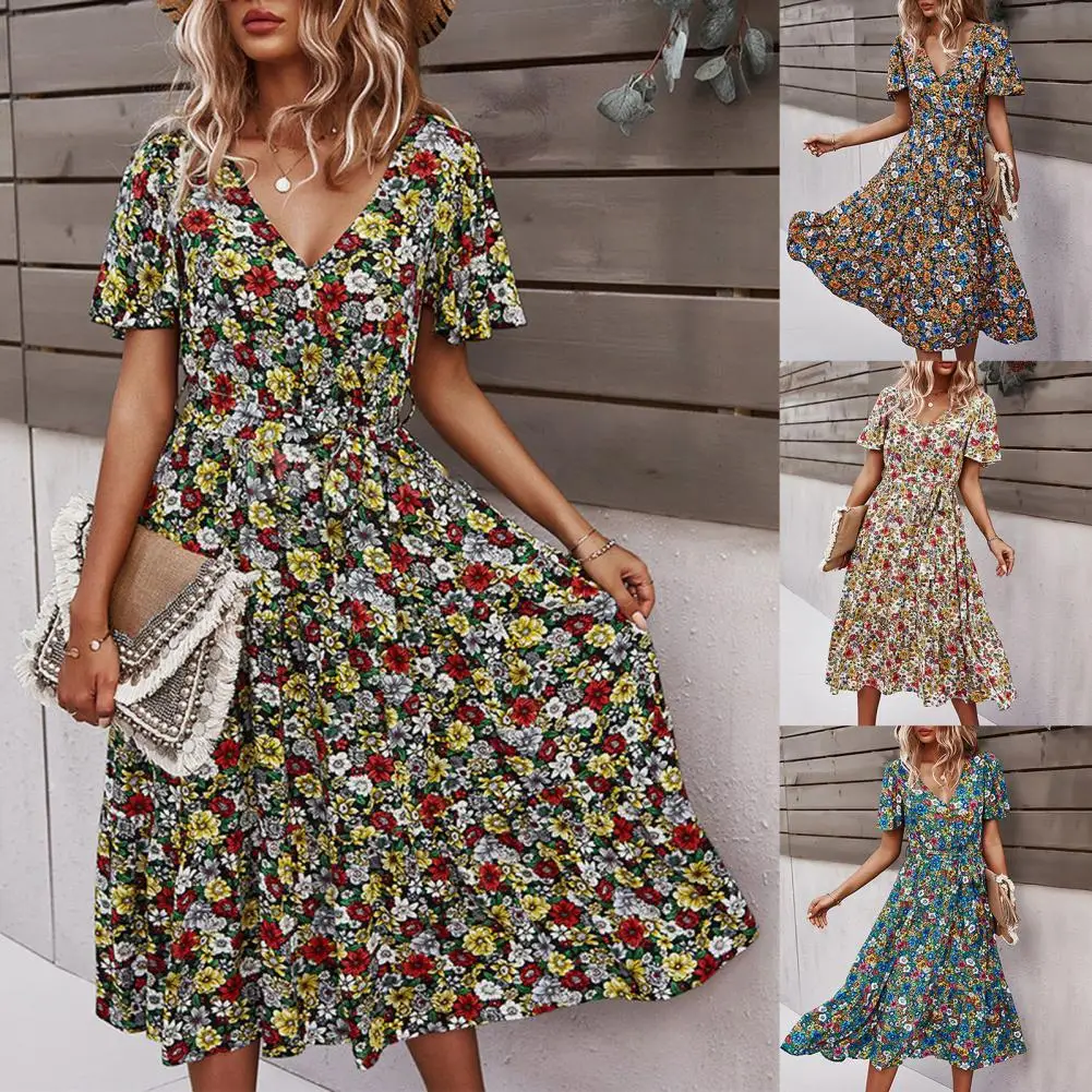 

Summer Ladies Vintage Maxi Floral Print Dress Women Bohemian Slim Casual High Waist Bandage Women Beach Dress Female Vestidos
