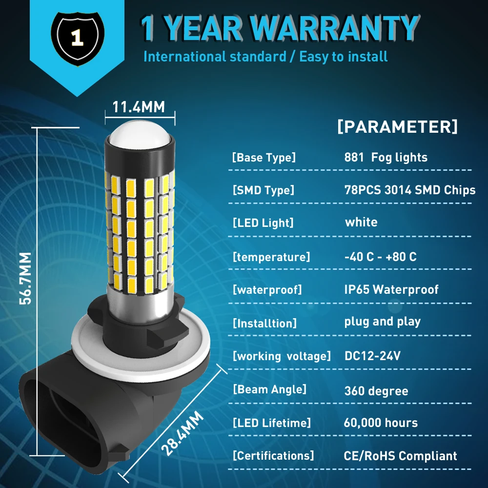 2X светодиодный потолочный светильник 881 880 H27 H3 H1 туман лампы для Volkswagen VW Golf 4 5 6 7