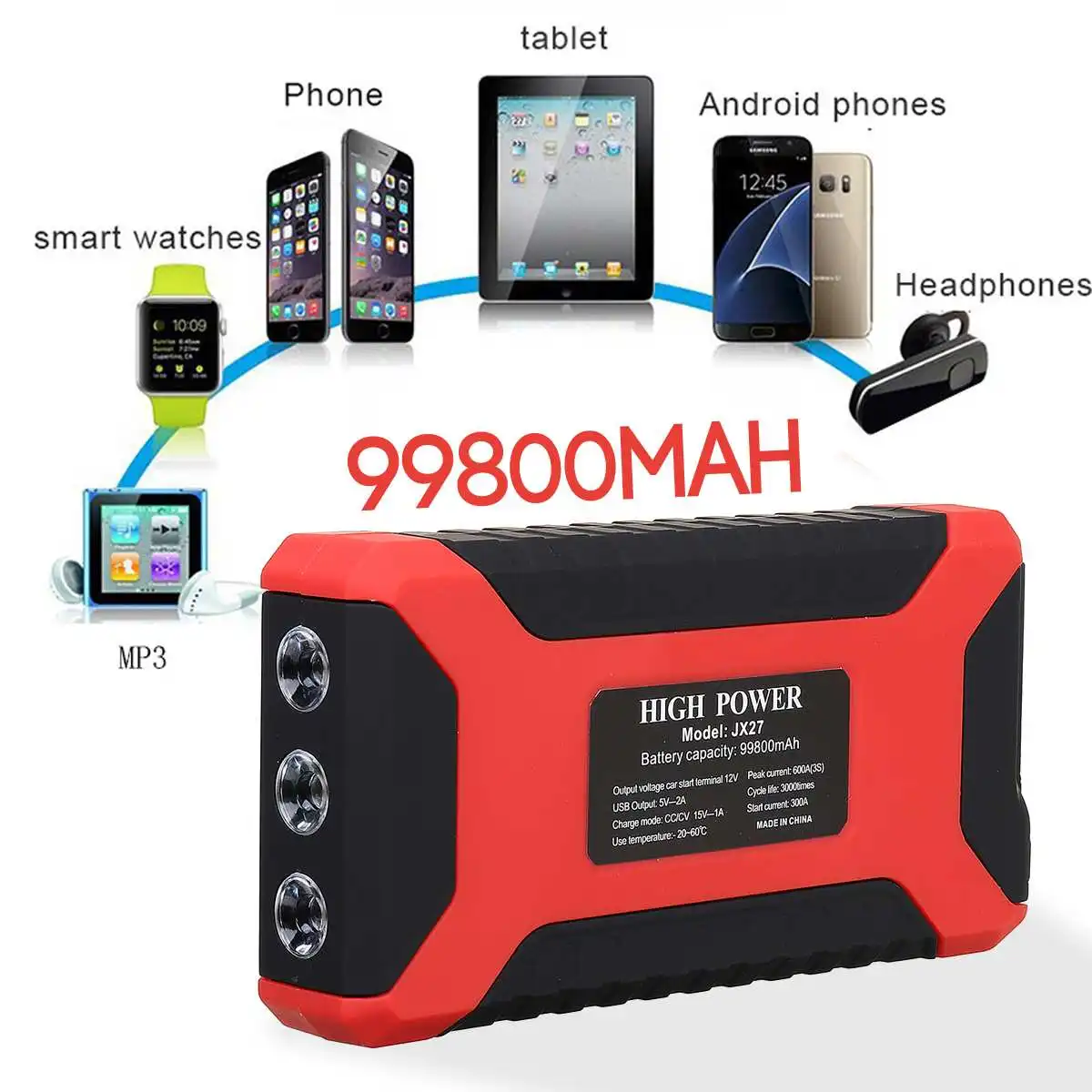 

Jump Starter Car Booster Power Bank Battery 99800mAh Peak 600A 12V Auto Starting Device Car Starter Charger Emergency Starter