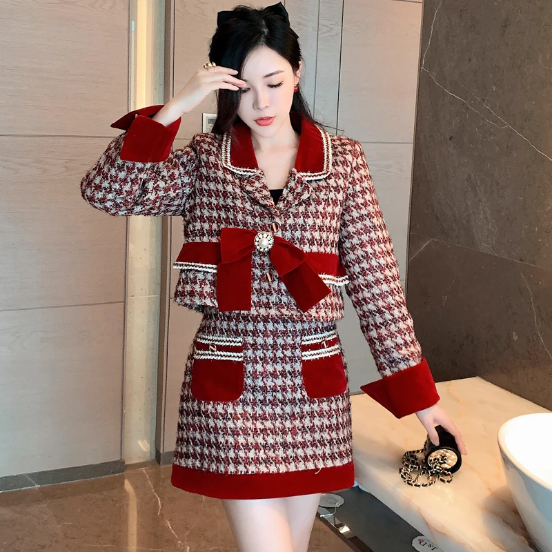 

2022 Winter Autumn New 2 Piece Set Bow Beading Single Breasted Plaid Tweed Thick Tops Jacket +Short Skirt Women Suit
