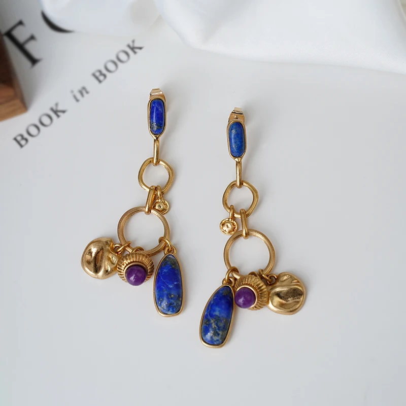 Металлические серьги синяя подвеска натуральный элемент камень геометрический