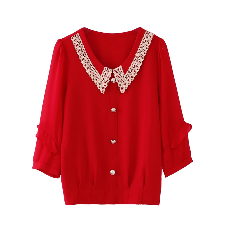 

COIGARSAM Shirt Womens Tops Summer 2021 New Patchwork Chiffon Solid Loose Peter Pan Collar Women Shirts