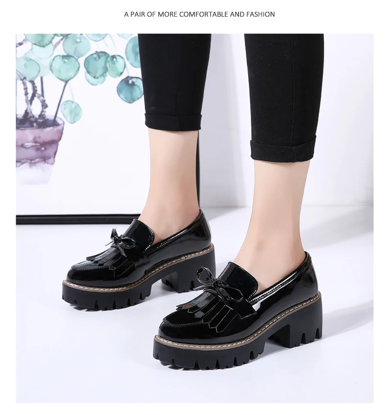 O16U Women Autumn Shoes Patent Leather Slip on Tassel Loafers Platform Flat Casual Shoes Women Flats Spring Shoes for Ladies