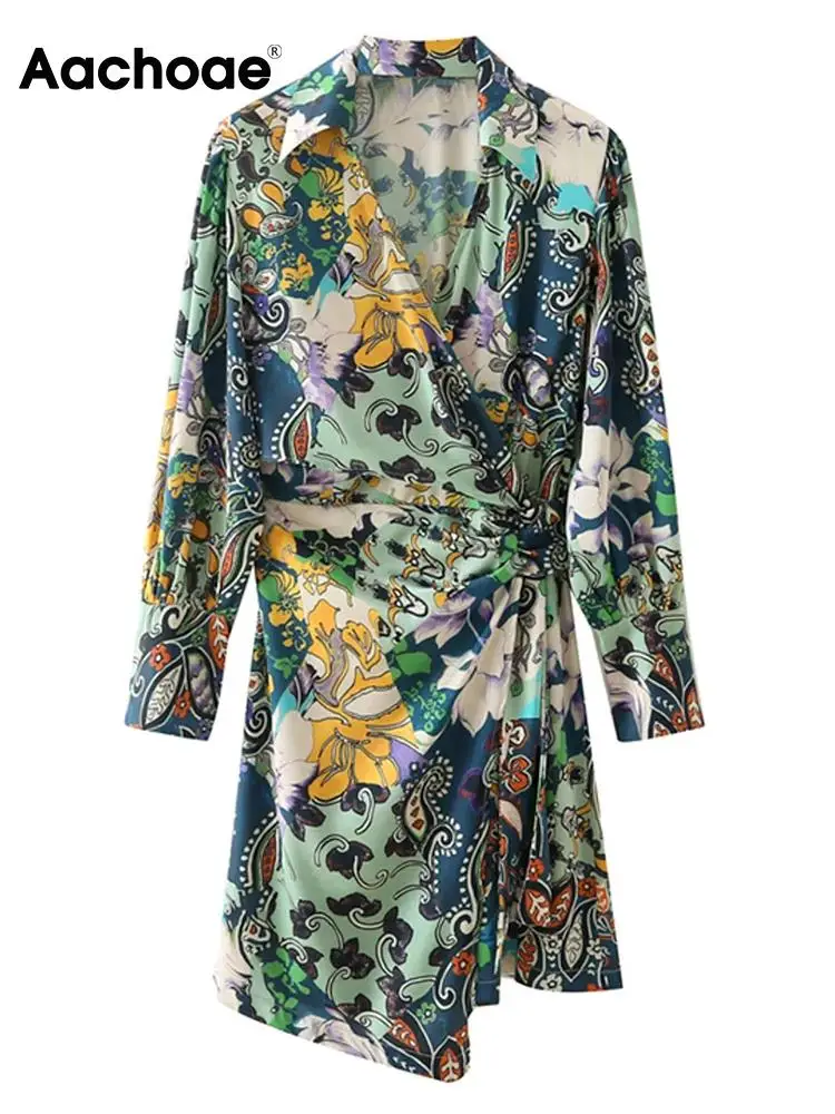 

Aachoae Vintage Floral Printed Mini Dresses Turn Down Collar Long Sleeve A Line Dresses Female Casual Irregular Hem Dress