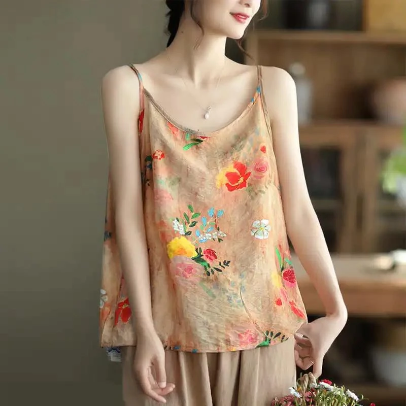

2022 chinese traditional sleeveless vest women girls top fancy flower printing cotton and linen loose ethnic china clothes
