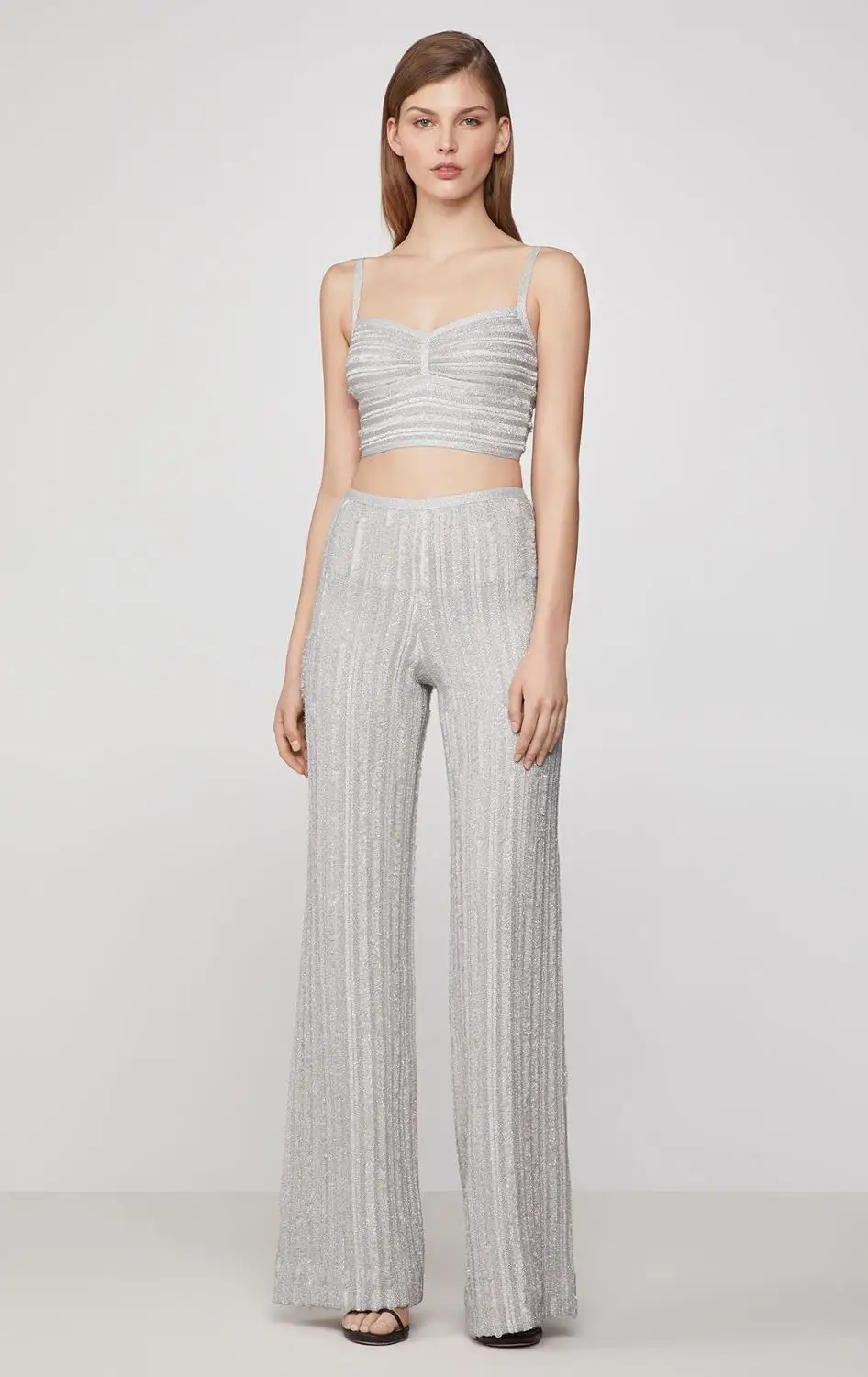

2019 New Women silver two Piece Jumpsuit Spaghetti straps vestido Celebrity party Bandage Jumpsuits