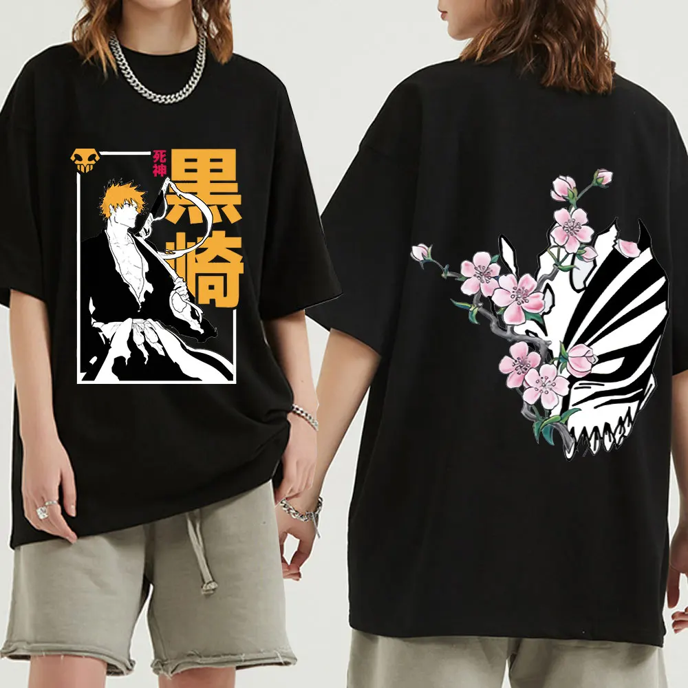 Bleach Anime T-Shirt Men Cotton T Shirt Anime Ichigo Kurosuki Clothes Anime Tops Double-sided Graphic Print Streetwear Tee Shirt