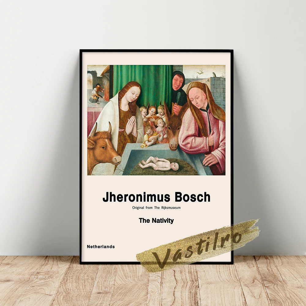 

Jheronimus Vintage Museum Exhibition Poster, Jheronimus The Nativity Oil Painting, Retro Religion Prints, Character Wall Art