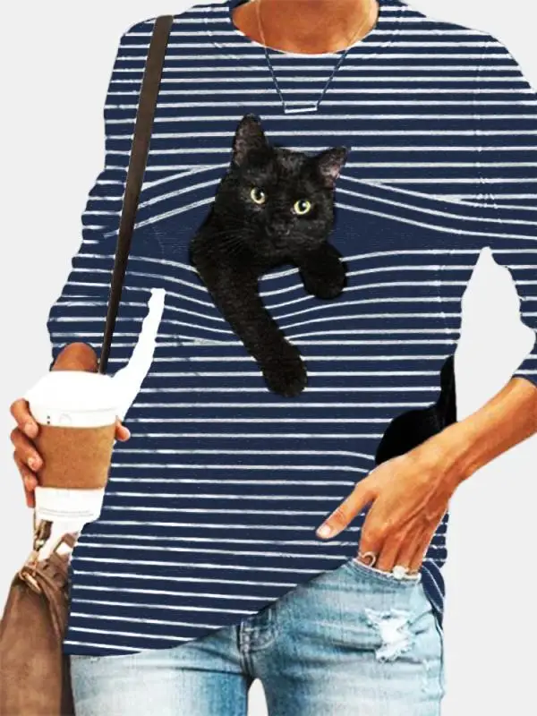 

Spring Summer Camiseta Feminina Tee T-shirt Women Long Sleeve 3d Cat Animal Print Striped Casual Top T-shirt Ropa De Mujer