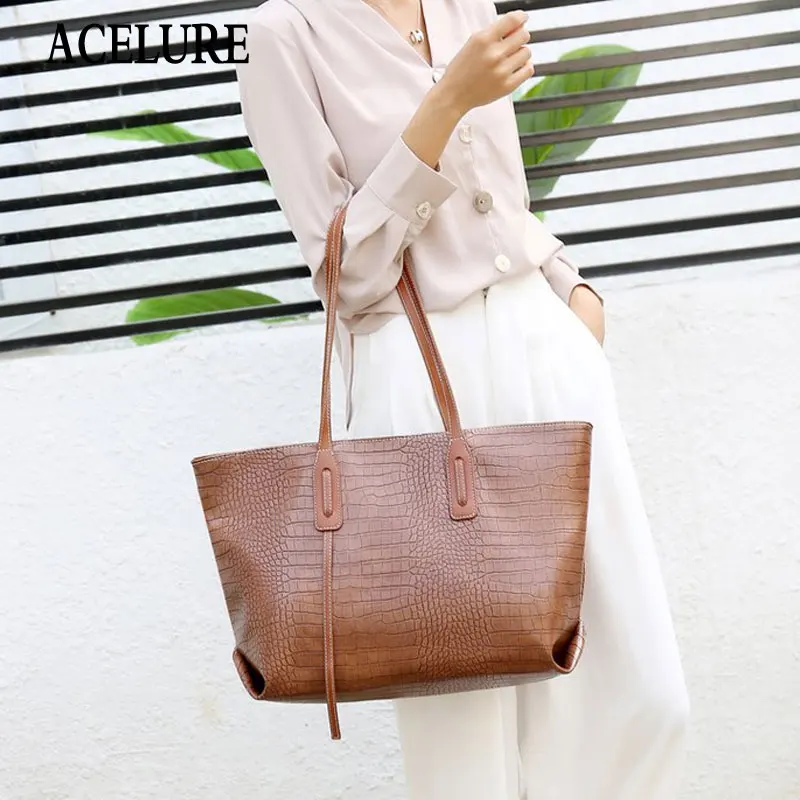 

ACELURE High Capacity Casual Tote Bags for Women Soft Solid Alligator PU Leather Shoulder Bags Female Large Crossbody Bag Purse