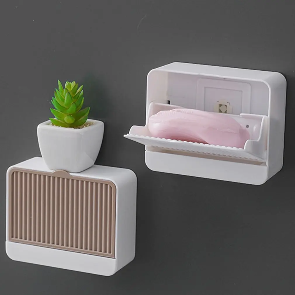 

Creative Wall Mounted Soap Box With Lid Double Grids Soap Draining Rack Soap Sponge Holder Organizer Bathroom Accessories