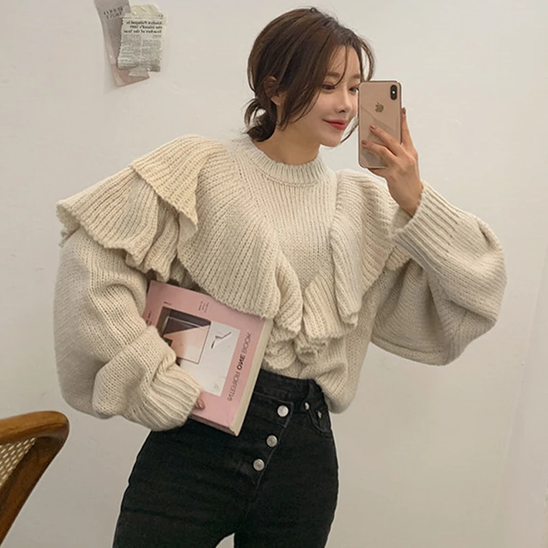 YAMDI korean runway sweater female autumn winter 2020 o neck solid chic fashion loose pollover thick knitted jumper women ruffle | Женская