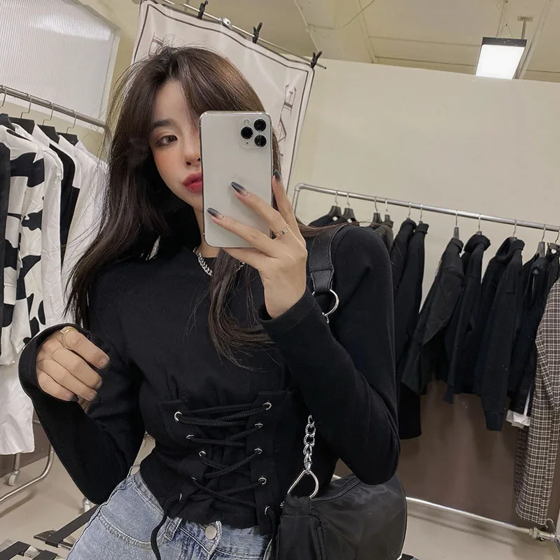 

XUXI 2021 Spring Autumn Women Long Sleeve T-shirt Tight And Thin Drawstring Short T-shirt E1700