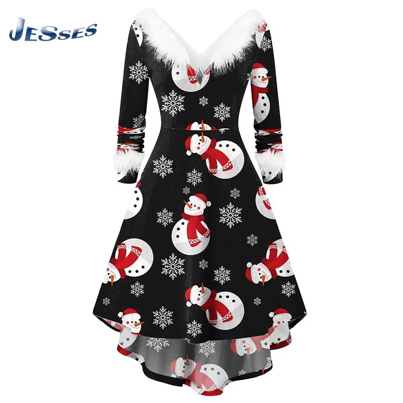 

Sexy Dress Ladies Christmas Artificial Plush Stitching Long-sleeved V-neck Asymmetric Party Mid-length Dress Fashion Clothing