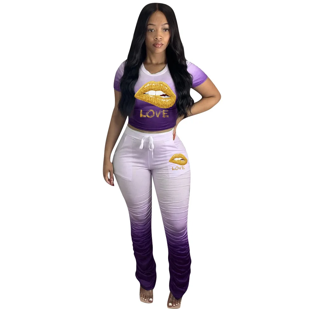 

Sport Gradient Love Lip Women Set Two Pieces Set Tracksuit Crop Top Stacked Jogger Sweatpant Suit Outfit Matching Set Streetwear