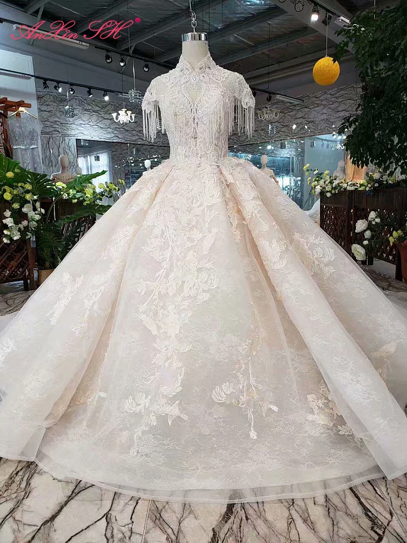 

AnXin SH Luxury princess white flower lace beading pearls illusion high neck short sleeve white wedding dress 100% real photo