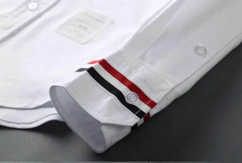 

TB THOM BULUO Brand Shirts Men Slim White Cuff Stripes Casual Shirt Turn Down Collar Oxford Solid Men's Clothing