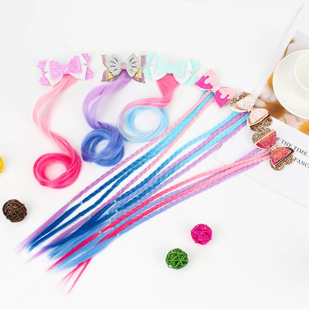 

Sequin Stacked Glitter Hair Bows for Girls Gradual Braid Hair Clips with Long Wig Hairpins Princess Party Kids Hair Accessories