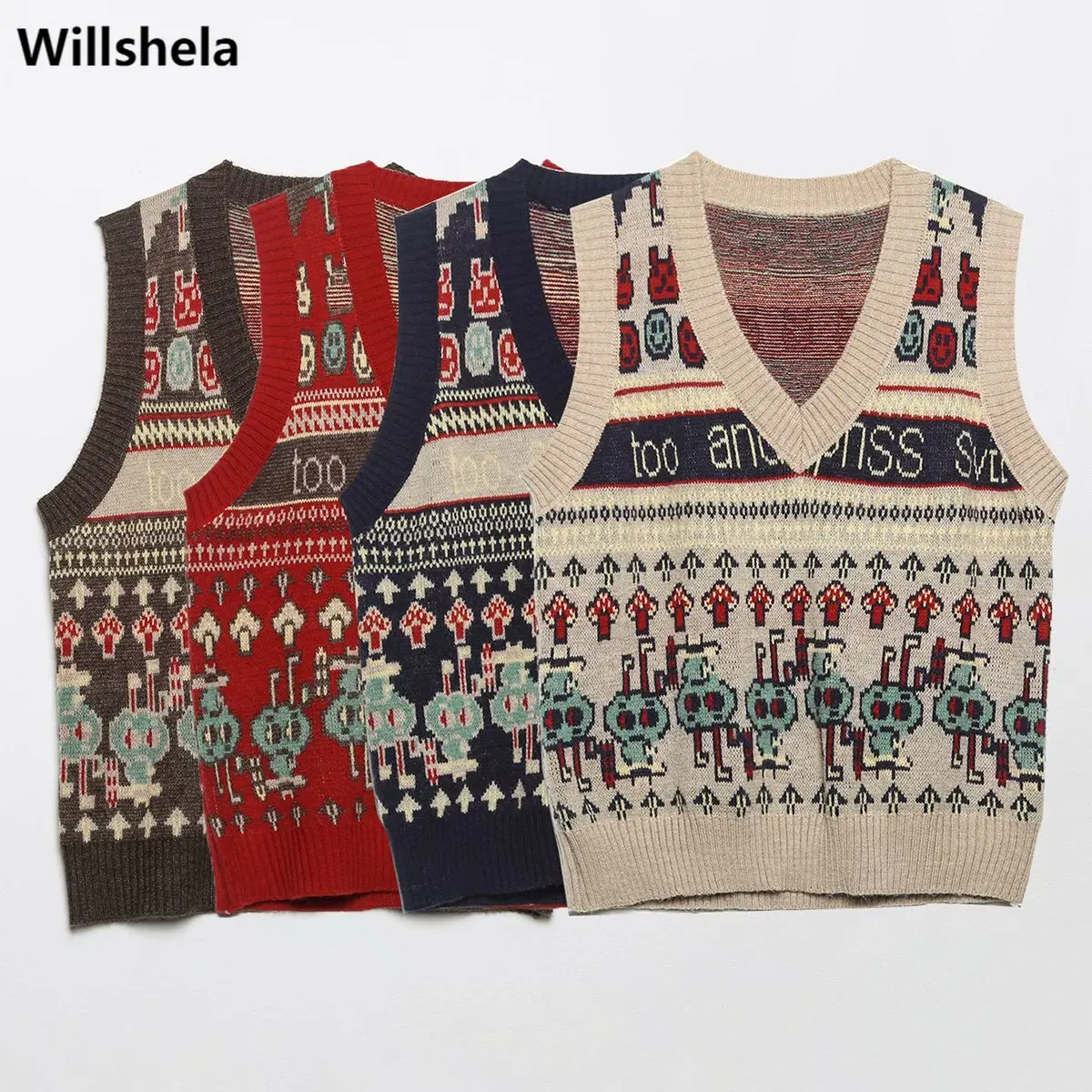 

Willshela Women Fashion Knitted Jacquard Tank Top V-Neck Sleeveless Vintage Female Sweater Vest Chic Tops