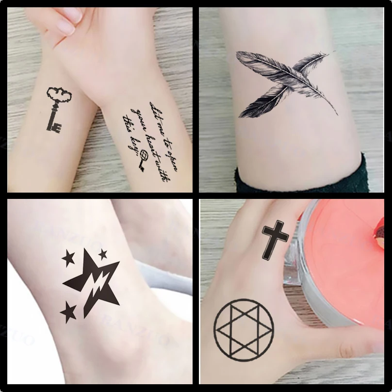 Водостойкая поддельная тату-наклейка Луна Звезда рана перо перекрестное