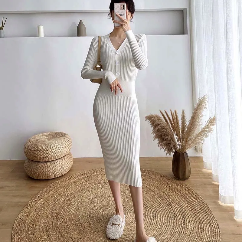 

Новинка 2021, модное пальто, свитер, длинная юбка, осень и зима, новое Облегающее вязаное платье до колена с V-образным вырезом