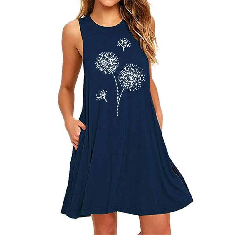 

2021 Summer Tank Dresses Women Sleeveless O-Neck Dandelion Print Dress Loose Plus Size Pockets Casual Dress Plus Size Vestidos