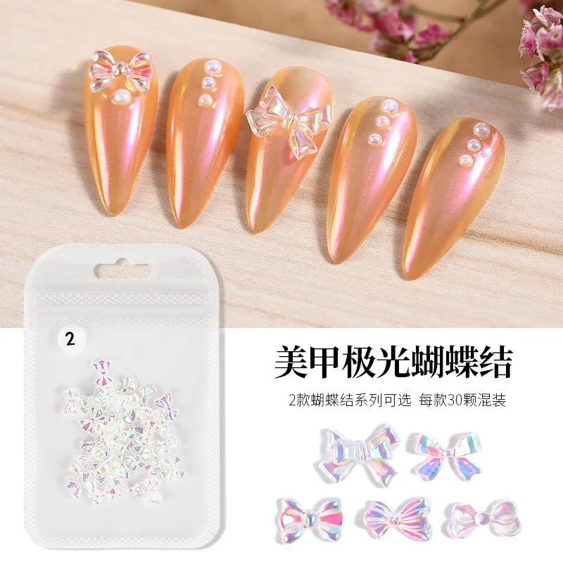 

30 шт./пакет красочный каучук Аврора лук узлы Дизайн ногтей украшения разных размеров 3D DIY акриловый бант для ногтей аксессуары