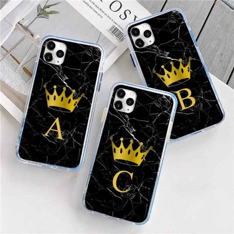 

Custom name Letter Black Marble Gold crown Phone Case For iphone 12 5 5s 5c se 6 6s 7 8 plus x xs xr 11 pro max mini