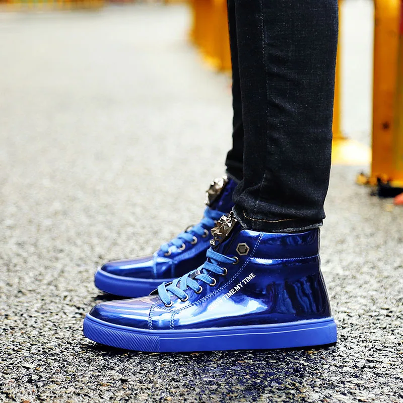 X Brand Fashion Autumn Mens Sneakers Big Size Shiny Metal Men Casual Shoes Glitter Red Blue High top 2020 |