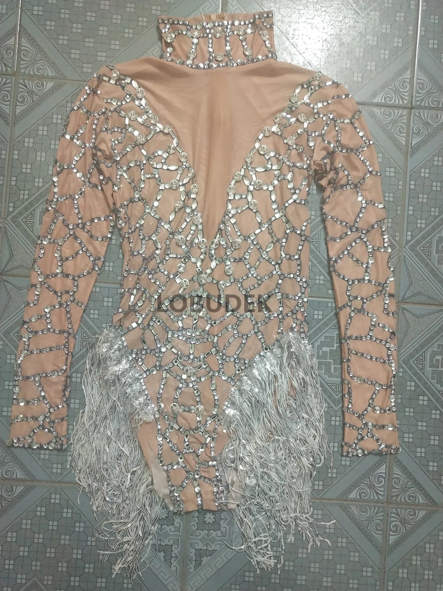 Sexy Stage Performance Shiny Rhinestones Fringes Nude Mesh Elastic Bodysuit Bar Nightclub Women Singer Dance Team DJ DS Costume