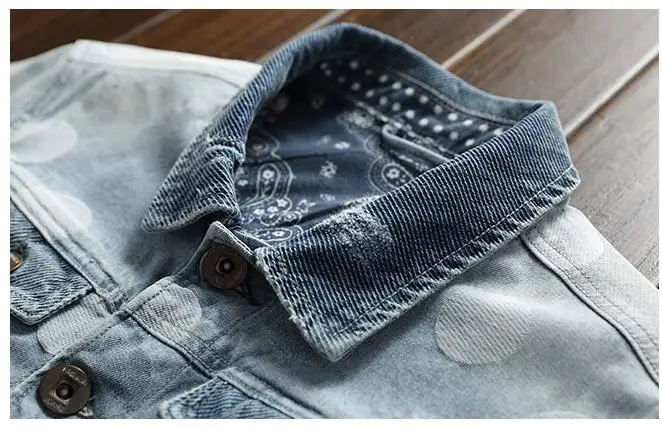 BONJEAN Mens Polka Dot Denim Jacket Mal Rock Fashion Light Blue Slim Casual Biker Jackets Coat Drop Shipping