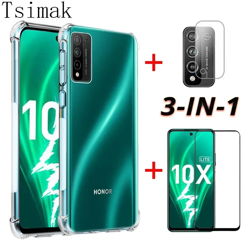 3 в 1/силиконовый чехол для Honor 10 10X Lite 9X 20 Pro 8A 8X 8S 9A 9C 9S 10i 20i закаленное стекло Huawei Nova